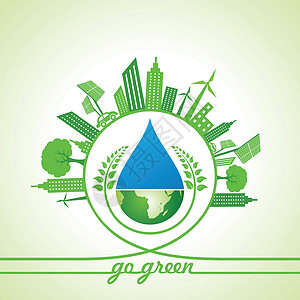 地球与水滴与叶子 都市风景 水滴和地球的生态能源概念工艺回收植物绿色插图环境活力世界景观城市插画