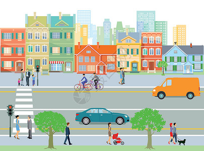 社区道闸有交通和行人的城市 插图插画