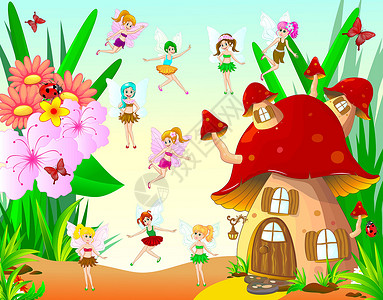天翼汉装仙女绕着蘑菇屋飞来飞去插画