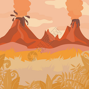 赤热火山有火山和丛林植物的红色森林景观插画