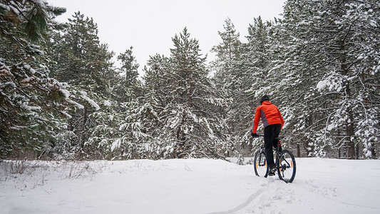 耐力赛在美丽的冬季森林的红色骑马山自行车中 极端运动和概念车轮娱乐蓝色锻炼骑士男人速度踪迹天空头盔背景