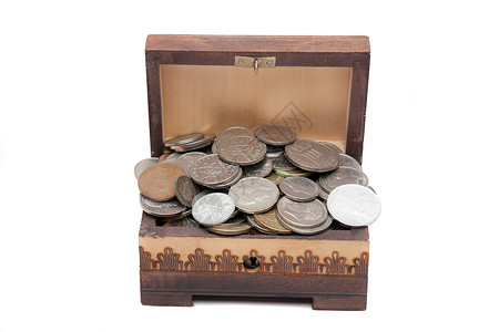 带硬币的小木纸箱背景图片