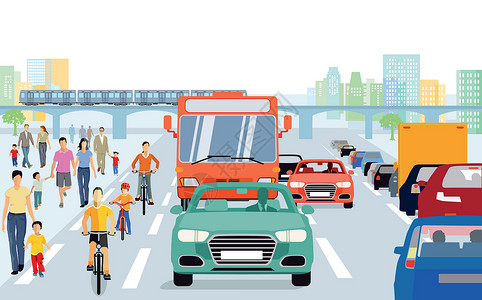 交通阻塞有行人的城市 交通中的骑自行车者插画
