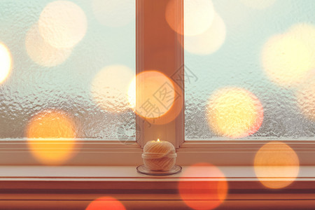 金光弧度光效在金光中窗台上的温柔蜡烛背景
