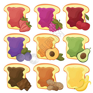 花生面包一套九个甜三明治巧克力香蕉果冻花生奶油插画