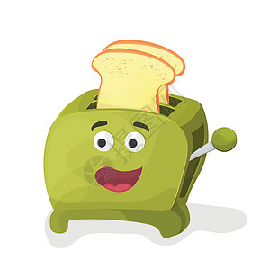 1面包白色背景上的绿色卡通烤面包机插图面包吉祥物按钮用餐草图器具绘画营养早餐厨具插画