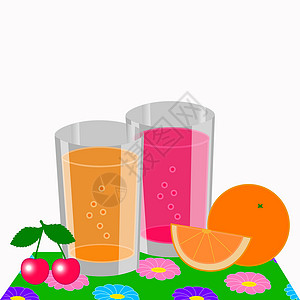 两杯果汁两杯橙汁和樱桃汁插画