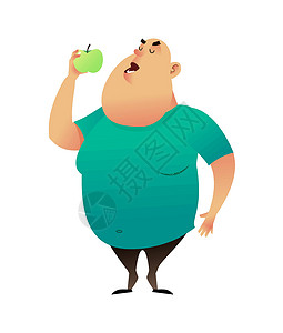 新疆糖心苹果一个胖子咬了一个苹果 有用的习惯和健康的饮食理念 胖子梦想减肥 选择健康饮食 健康的生活方式和适当的营养生活方式午餐腰围男性磁带插画