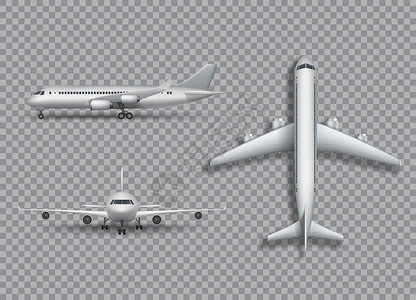 透明飞机素材白色飞机模拟孤立 在透明背景上的逼真 3D 插图 一组从正面和顶视图看的飞机 矢量图设计图片
