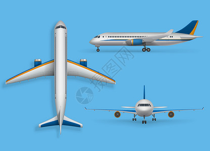 航天客机现实的客运飞机模拟客机在正面视图中 现代飞机飞行在蓝色背景下被隔离  3d 飞机运输设计 它制作图案矢量插画
