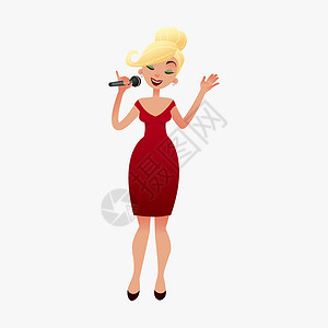 Beautilul 金发女星明星名人爵士歌手穿着红色的麦克风 年轻女孩在派对上唱卡拉 OK 女士用麦克风表演一首歌卡拉ok流行音插画