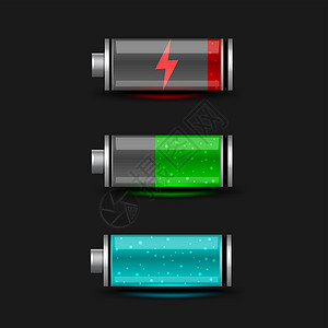 圆柱电池电池充电图标设置黑色背景插画