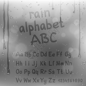 从窗户看雨巷手指在雨背景上绘制字母表设计图片