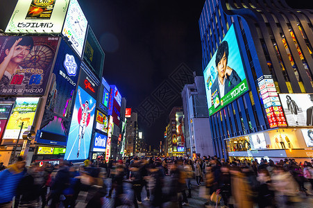 日本大阪Dotonbori夜街购物街旅游者游客城市景观街道购物观光广告牌旅行餐厅吸引力背景图片