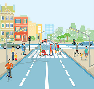 社区道闸与人和汽车的公路交接插画