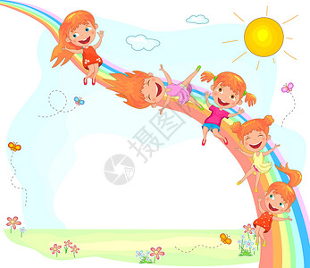 下去快乐的孩子和彩虹插画