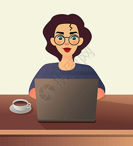 女子使用眼膜女孩自由职业者 戴眼镜的年轻女子坐在笔记本电脑前在家工作 卡通扁平女孩在线工作或学习 同时使用笔记本 自由职业者的工作理念业者眼设计图片