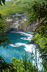HI 毛伊岛海滩场景波浪树木旅行岩石海洋旅游海景天空背景图片