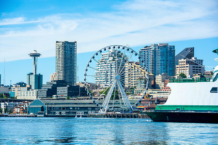 西雅图首都与华盛顿州渡轮建筑旅行轨道景观血管客船导航摩天大楼轮子渡船背景图片