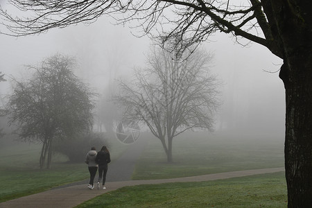 雾 脚道和两个女孩步行高清图片