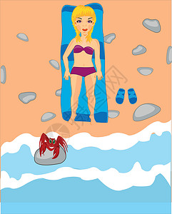 台岩海滩海滩上的女孩晒黑谎言动物冲浪海洋休假休息插图鞋类泳装天堂插画