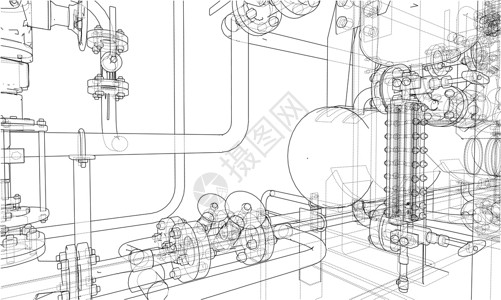 草图模型素材素描工业设备 韦克托草图力量压力管道化学品模型机械配件植物3d插画