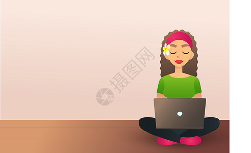可爱的创意女孩坐在木地板上 用笔记本电脑学习 使用笔记本的美丽的动画片女孩 女性博主的概念 在笔记本电脑上工作的扁平女士 职场 背景图片