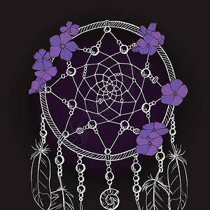 手绘华丽的捕梦网 黑色背景上有美丽的紫罗兰花 矢量图魔法紫色装饰工艺植物艺术文化插图护身符羽毛插画