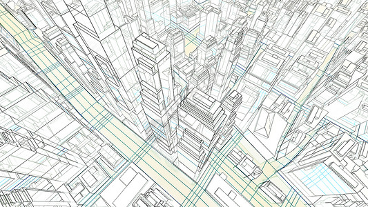 现代城市空中景观素描技术摩天大楼建筑学建筑办公室原理图3d框架蓝图草图背景图片