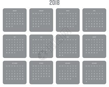 矢量日历-2018 年 周从星期日开始 灰色和白色的简单平面矢量图背景图片