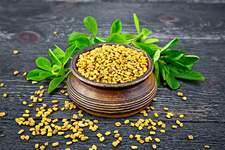 泼辣Fenugreek 木板上碗里有叶子背景