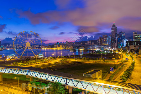 香港清晨港口风帆水湾市中心金融摩天轮蓝色旅游商业经济背景图片