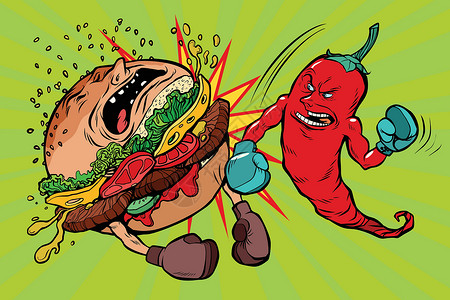 狗狗与热狗辣椒击打汉堡 素食主义与快餐设计图片