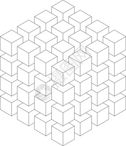 白色小立方体较小的等距立方体的几何立方体 抽象设计元素 科学或建筑概念 黑色轮廓 3D 矢量对象标识插图盒子艺术图表歧义数学正方形数字建造插画
