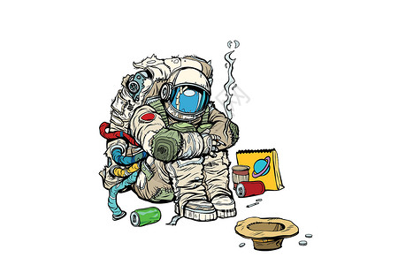 人群集资概念 一个贫穷无家可归的宇航员要钱科学小说太空科幻灾难废墟众筹星星硬币队长插画