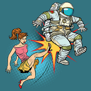 流亡女人踢宇航员家庭争吵插画