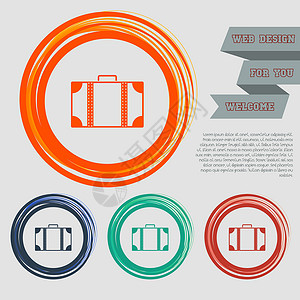 绿色手提箱在您的网站的红色蓝色绿色橙色按钮上的行李图标和带有空格文本的设计 韦克托插画
