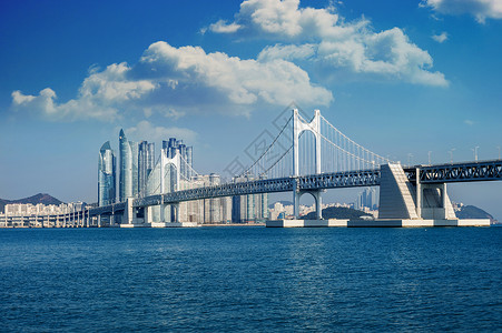 南韩釜山的光安桥和海云大海背景图片