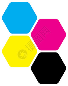 CMYK 颜色的四个六边形 打印机主题 它制作图案矢量艺术白色蓝色商业标识墨盒创造力合伙打印横幅背景图片