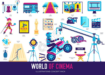 影楼拍摄海报优质影院行业平面系列设计套装 拍摄简约符号包 和它制作图案的现代电影技术模板插画