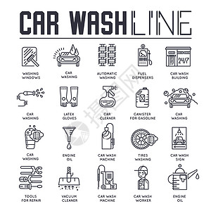 机油图标细线 24 7 工作洗车与不同的设备工具概念 平面轮廓洗车服务大楼的地方 矢量插图设计图标插画