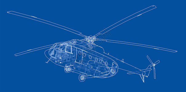 线条直升机直升机工程图打印工业蓝色草图运输机器航空3d飞机绘画背景