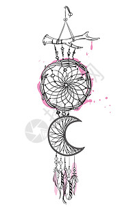 矢量图和手绘捕梦网与粉红色的口音 羽毛和珠子精神装饰品打印护符海报魔法插图中风电路亮度插画