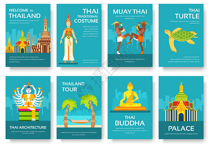 泰国人物国家泰国旅游度假指南的商品和功能 一套建筑时尚人物项目自然背景概念插画