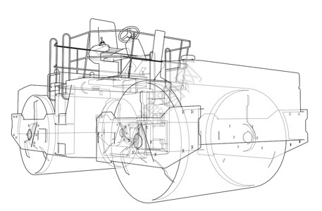 压路机Ashalt 紧压器概述矢量草图铺路蓝图建筑维修工作压力车轮活动机械设计图片