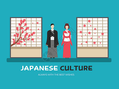 日本文化中的平面设计背景概念 日本已婚夫妇在传统房间里的 shoji 周围 您的产品或插图网络和移动应用程序的图标插画