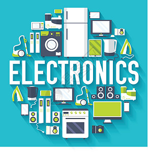 科技风家电图家电圈信息图表模板概念 为您的产品或设计网络和移动应用程序设计图标 蓝色背景上带有长阴影图的平面矢量喇叭视频烹饪办公室工具机器冰插画