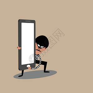 劫匪拿着智能手机的小偷的矢量 黑客窃取数据让步设计图片