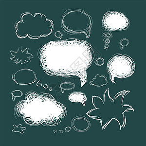 画三联框绿色背景上的一组涂鸦语音气泡演讲草图插图圆圈艺术讨论说话曲线气球耳语背景