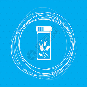 药店图标药片 药物图标 在蓝色背景上 周围有抽象的圆圈 和文字的位置背景